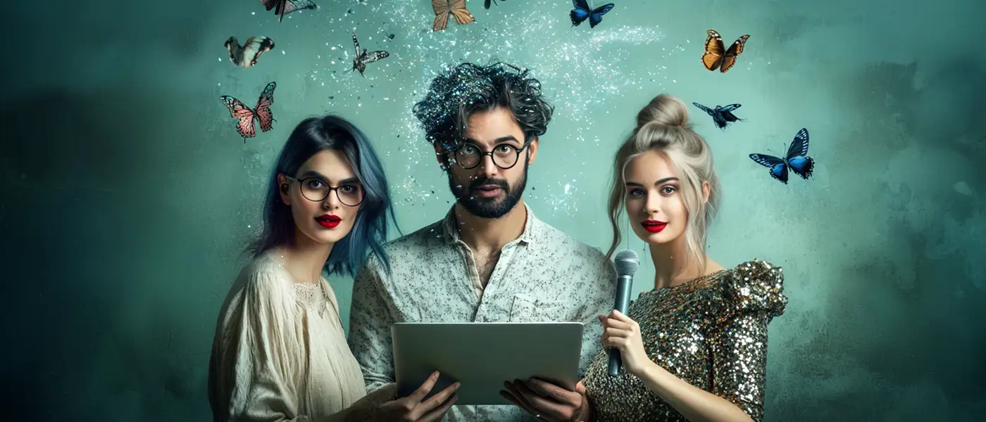 Eine Schriftstellerin, ein Autor mit Lapto und eine Sängerin schauen in die Kamera.
