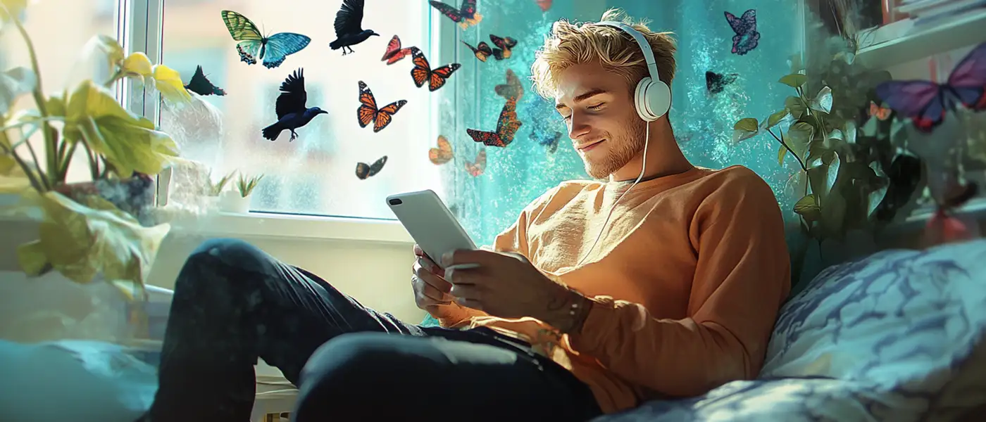 Ein Paar sitzt sich in Sesseln gegenüber und hört ein Hörbuch