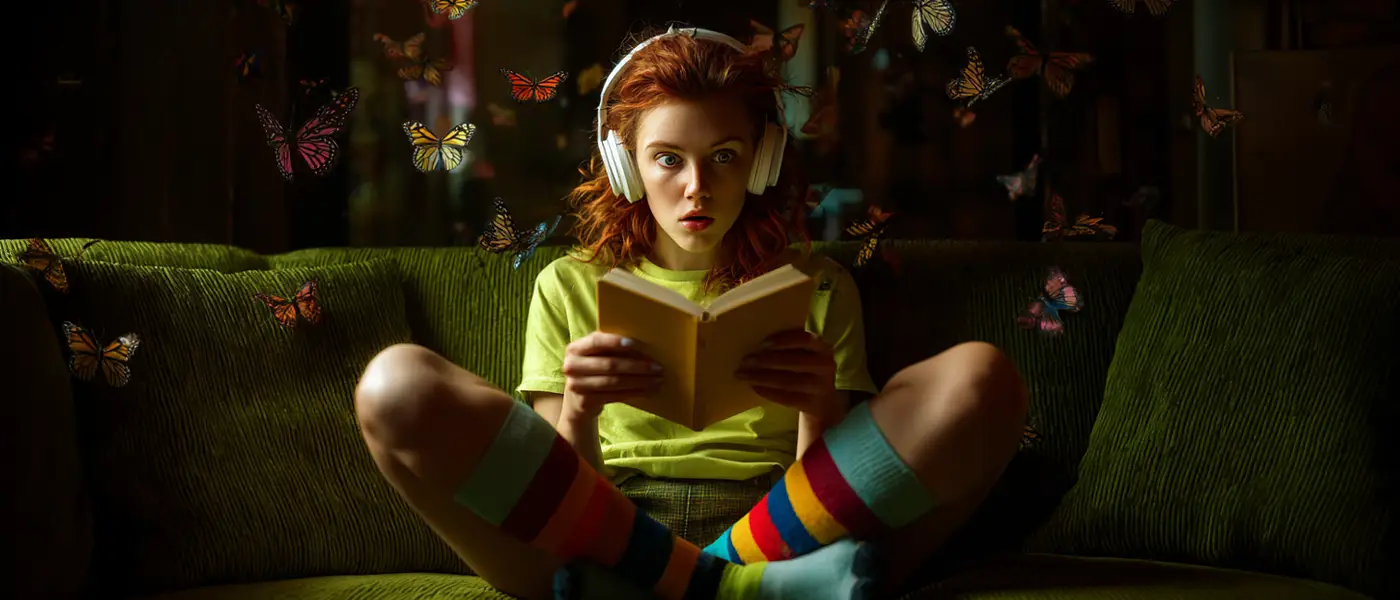 Eine junge Frau liest ein Buch und taucht mit chaptune tief in die Geschichte ein.