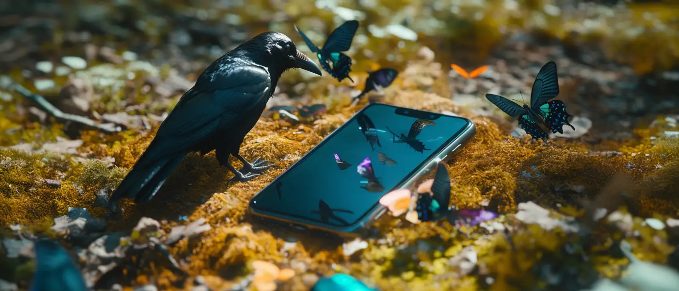 Ein Smartphone liegt auf dem Waldboden, umgeben von Schmetterlingen und einem Raben