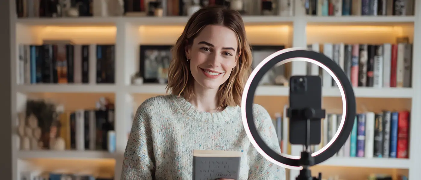 Bücher und ein Smartphone auf einem gemütlichen Tisch – bereit für Social Media.